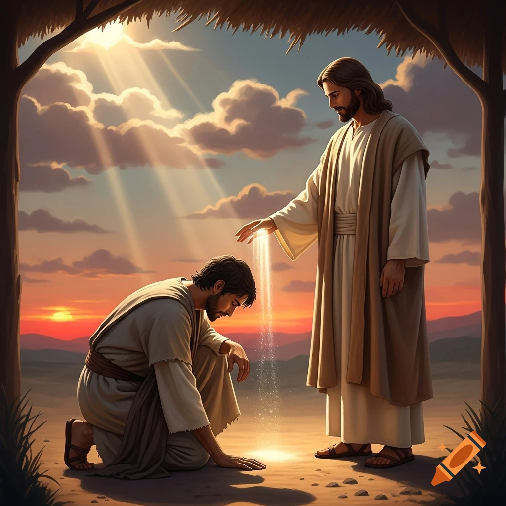 Jesus stands, extending a hand to a kneeling man in a desert sunset with sun rays breaking through clouds, under a tree.