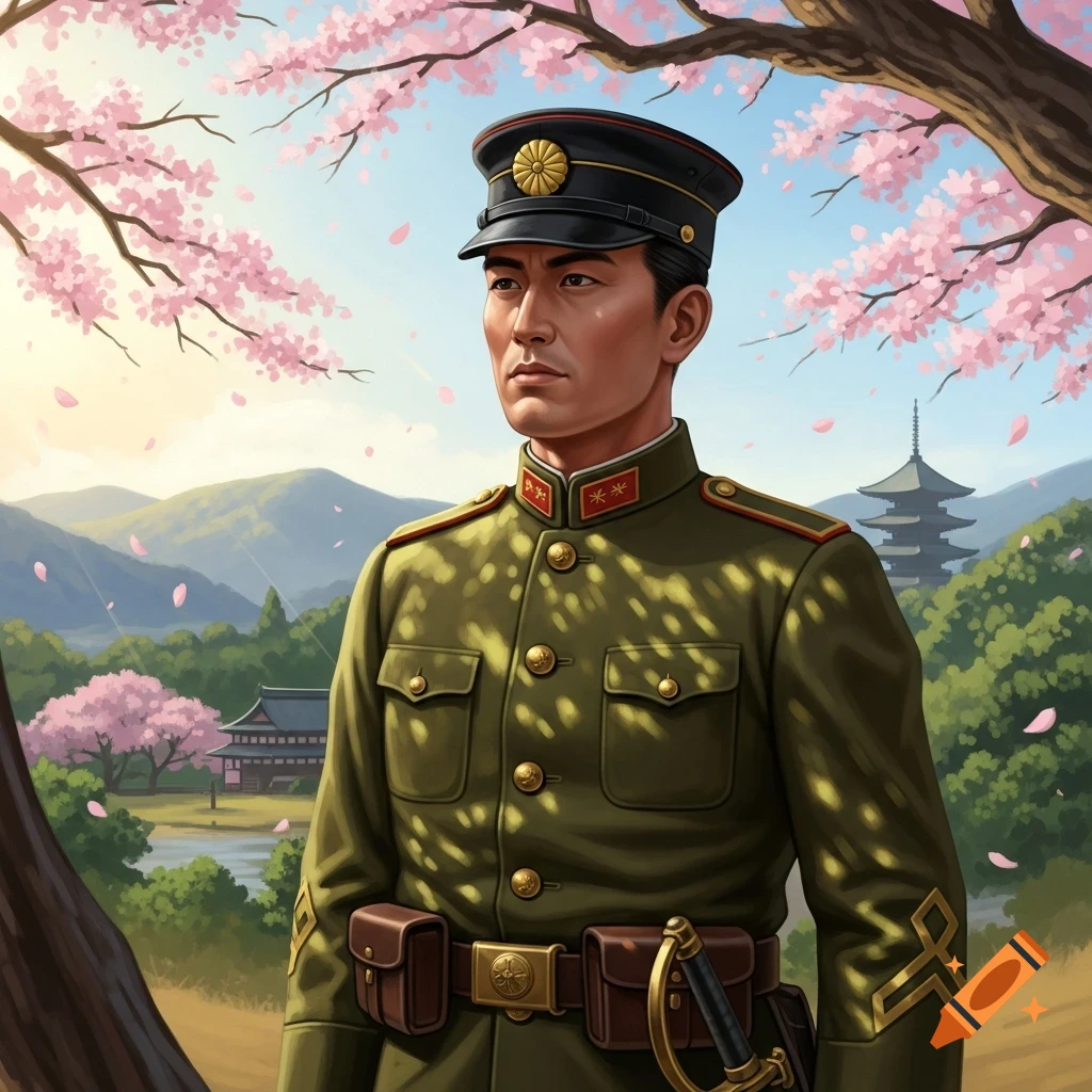 A Japanese Meiji era soldier in a green uniform and cap, standing under blooming cherry trees with a pagoda and mountains in the background, in an illustrated style.