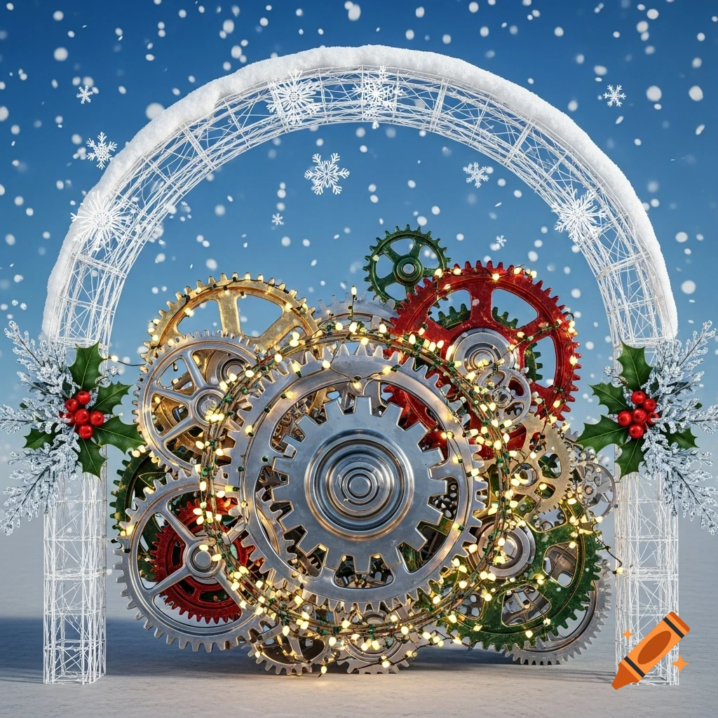 A festive winter scene with metallic gears wrapped in Christmas lights, under a snowy arch with holly and falling snowflakes.