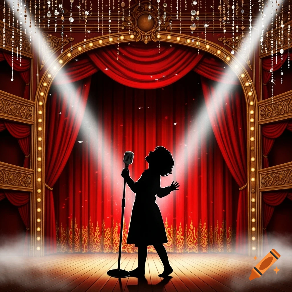 Silhouette of a child singing into a microphone on a grand red musical stage with spotlights and sparkling decorations.