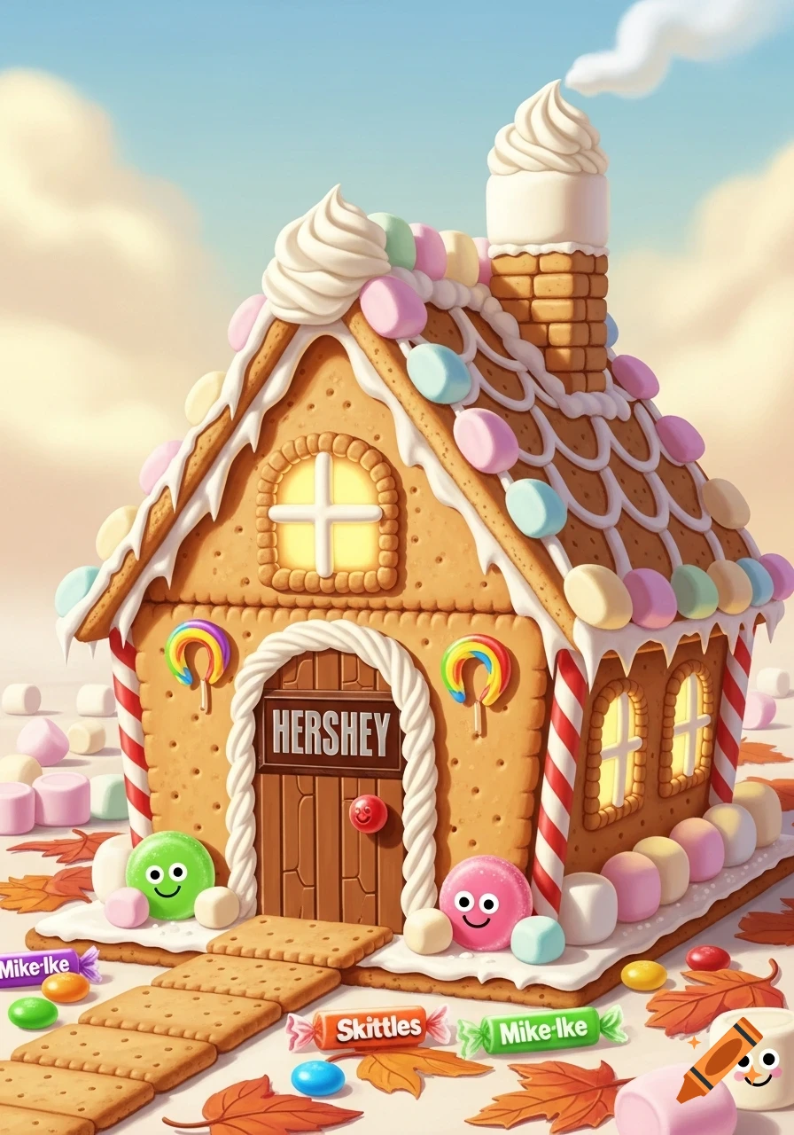 A whimsical gingerbread house made of crackers with a Hershey door, decorated with icing, colorful candies, marshmallows, and whipped cream, under a blue sky.