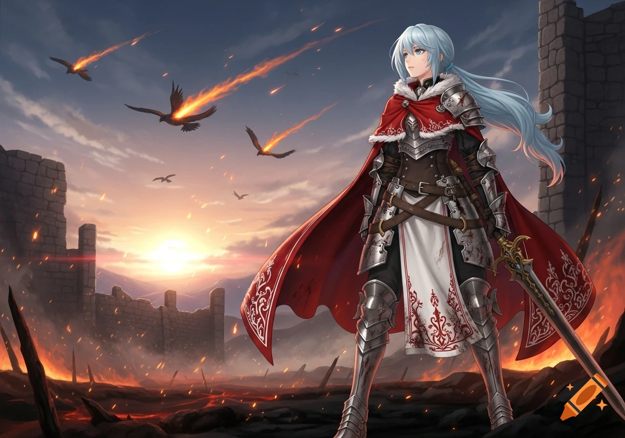 Anime female knight with light blue hair, red cape, and silver armor standing in a burning, ruined landscape at sunset with flaming birds flying.