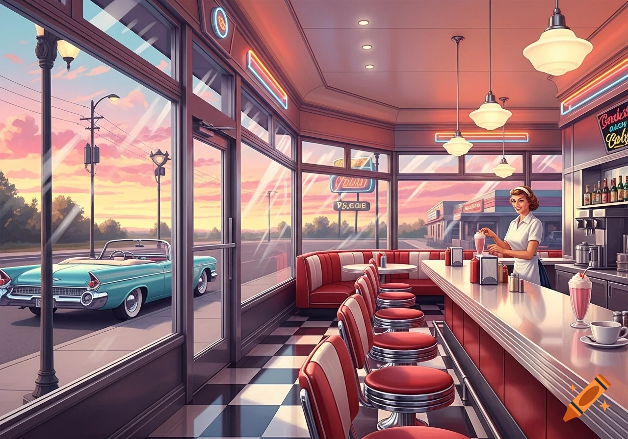 A stylized retro diner interior at sunset, with a waitress behind the counter and a vintage turquoise convertible parked outside.