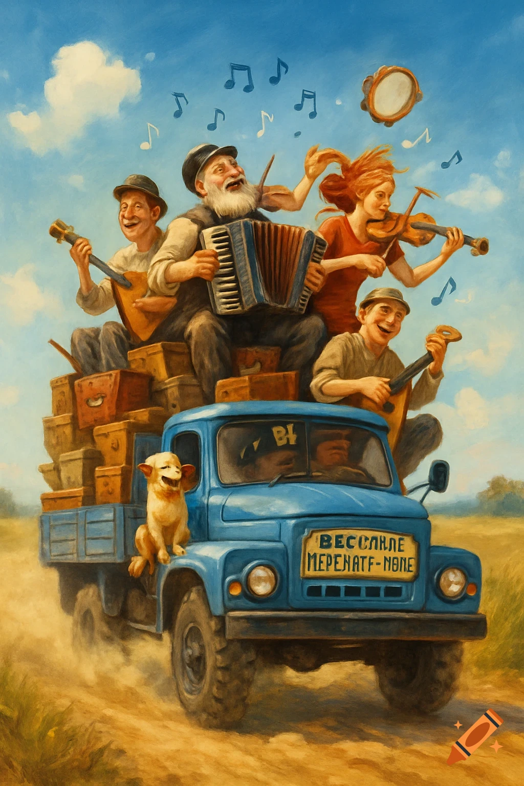 A joyful group of folk musicians and a dog ride on a blue truck, playing instruments and singing under a sunny sky in a painterly style.
