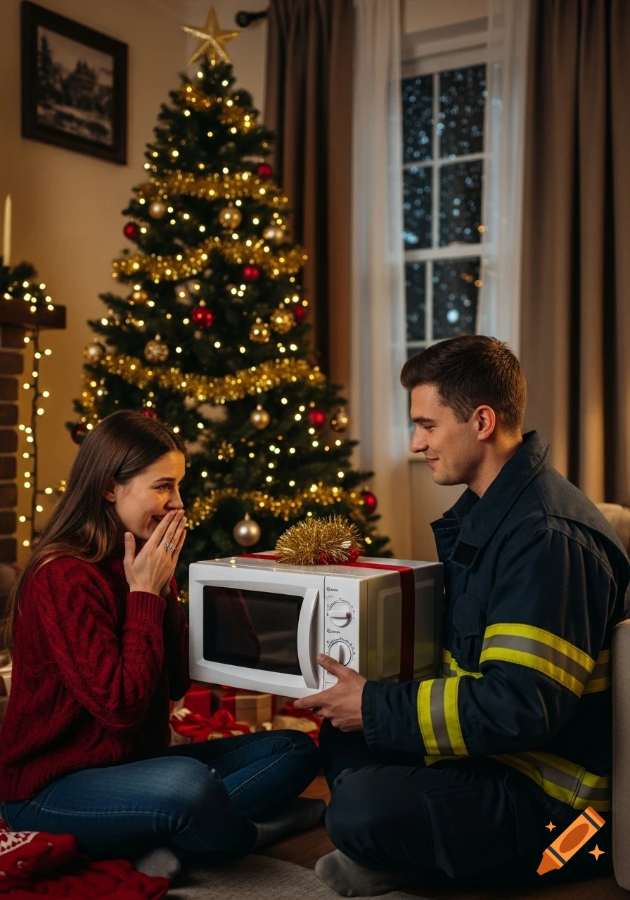 A man in a firefighter uniform gives a wrapped microwave oven as a Christmas gift to a surprised woman in a decorated living room.