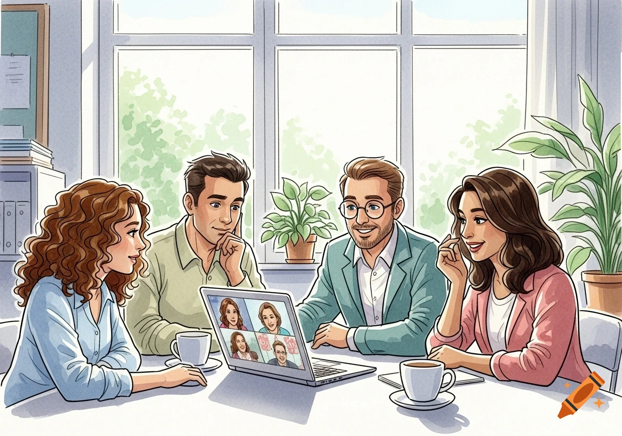 Four diverse colleagues in a bright, watercolor-style teacher's lounge, gathered around a laptop showing a video conference. They are engaged and smiling.