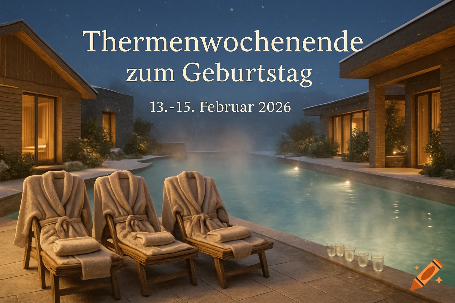 Modern thermal spa with steaming outdoor pool at night, light snow, three lounge chairs with bathrobes and towels, and warm lights.