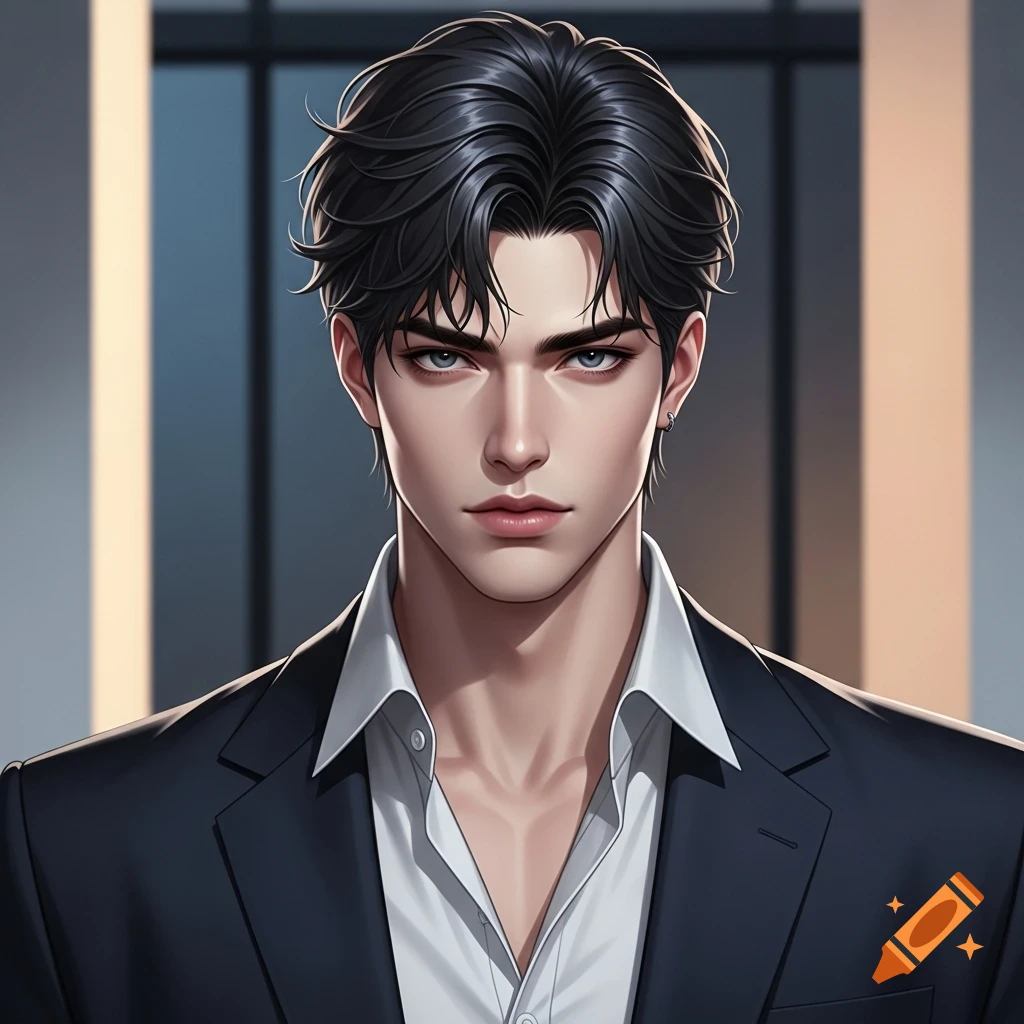 Manhwa-style portrait of a handsome man with black hair and grey eyes, wearing a white shirt and black suit jacket.