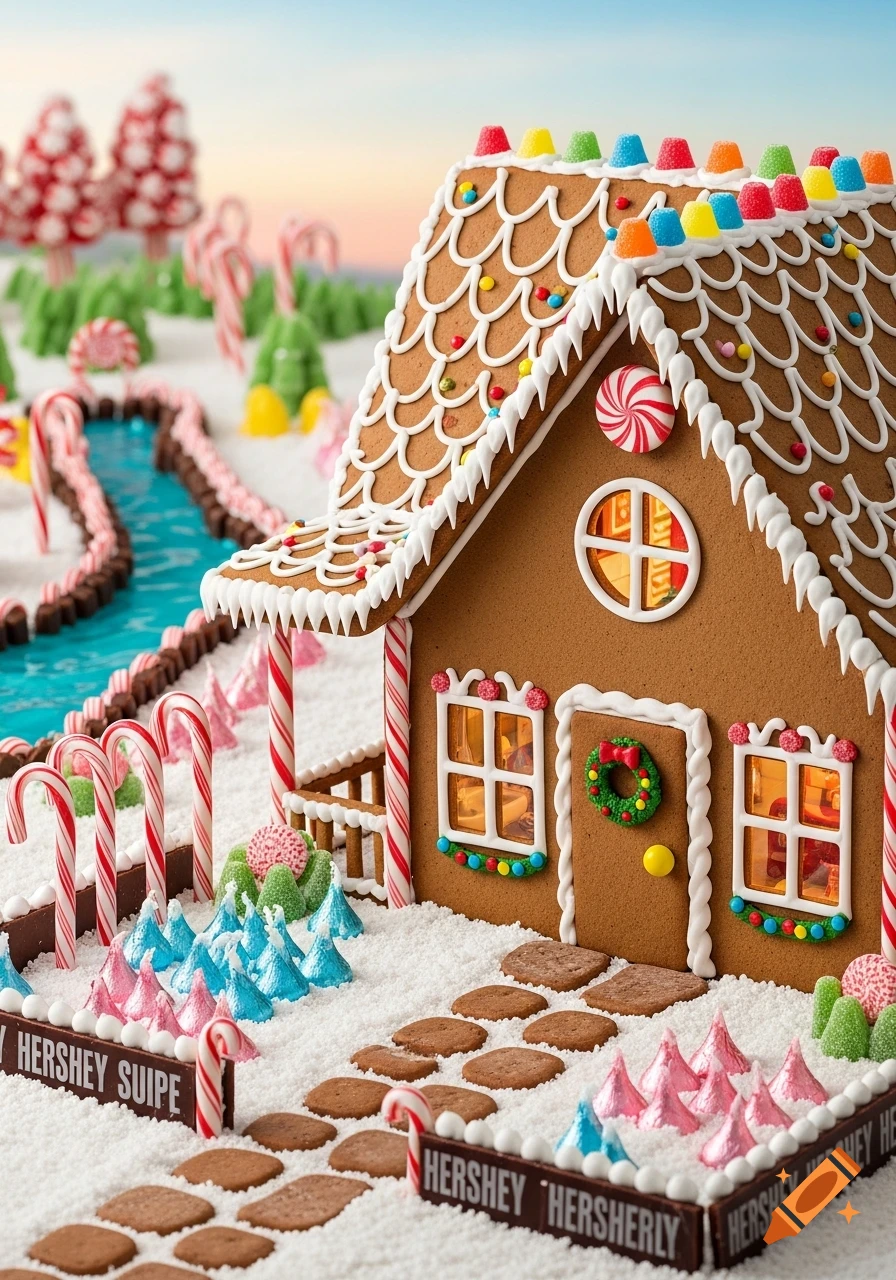 A detailed gingerbread house decorated with colorful candies, set in a snowy landscape with a blue candy river and candy cane trees.