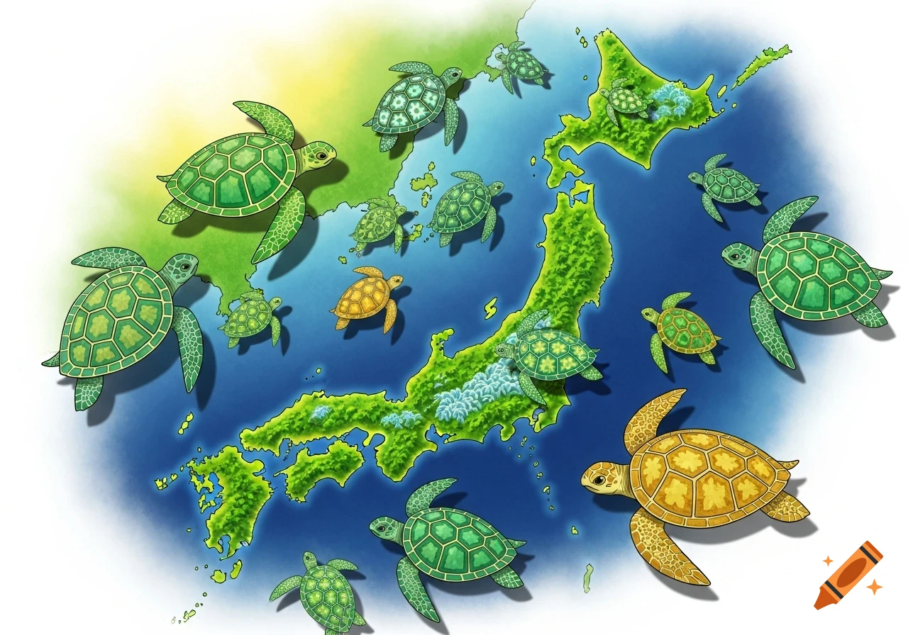 Illustration of green and yellow sea turtles swimming around and on a vibrant green map of Japan.