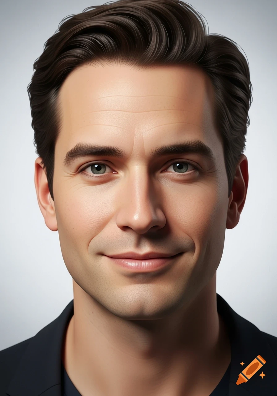 Hyper-realistic professional headshot of a man with dark hair, green eyes, and a confident, friendly smile, wearing a dark blazer against a soft-gradient background.