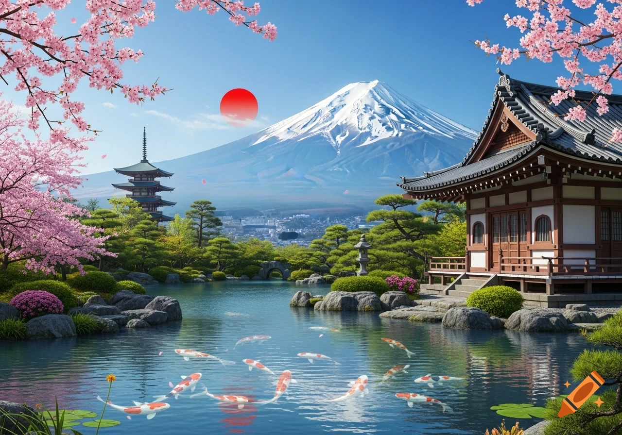 A scenic Japanese garden with a pond and koi, a tea house, pagoda, Mount Fuji, and cherry blossoms under a red sun.