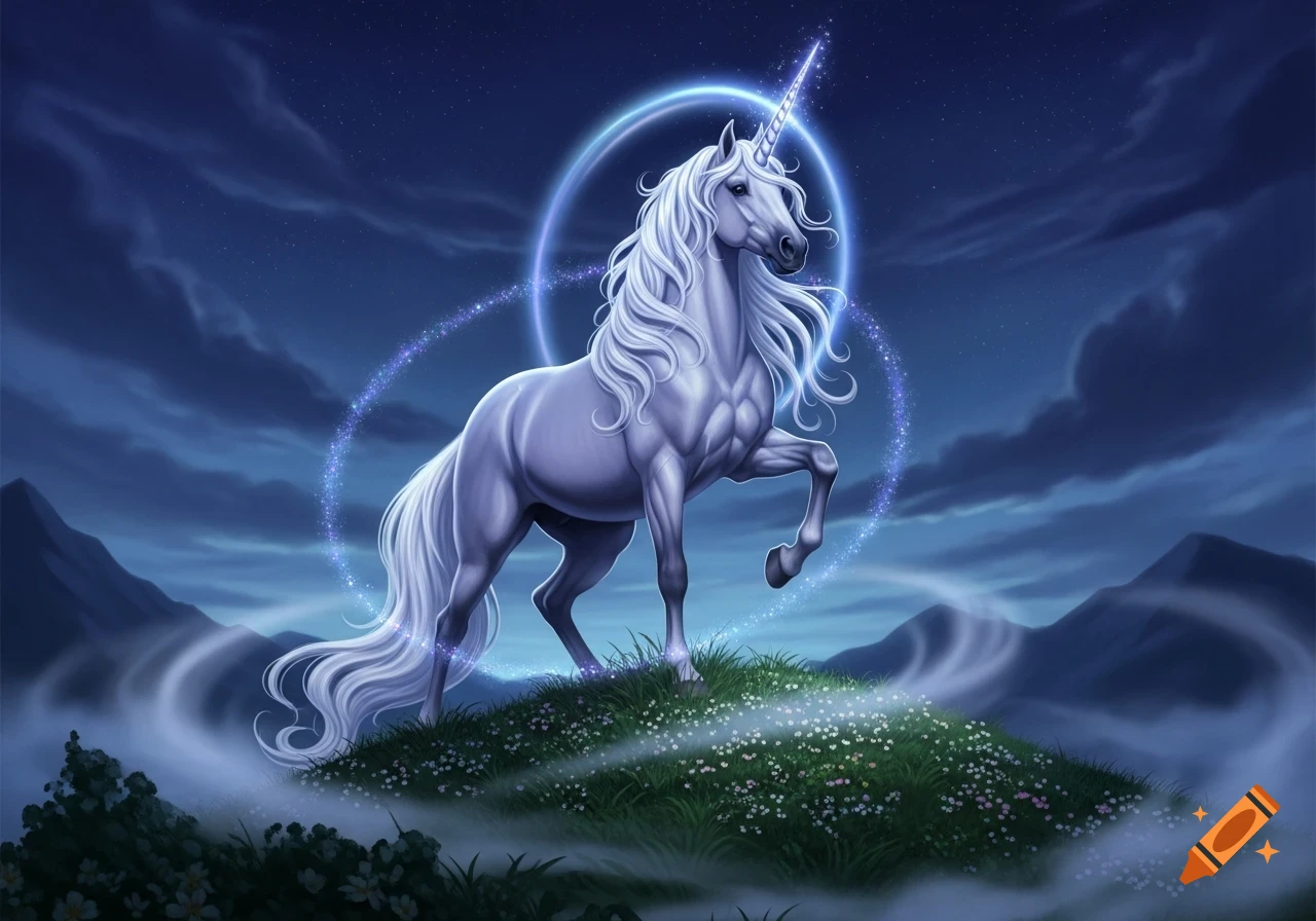 A majestic white unicorn with a glowing horn and flowing mane stands on a grassy hill under a starry night sky, encircled by magical light.