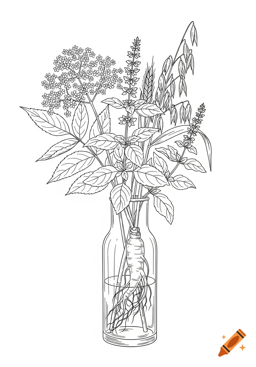 Line art drawing of elderflower, tulsi, oats, and ginseng in a clear vase.