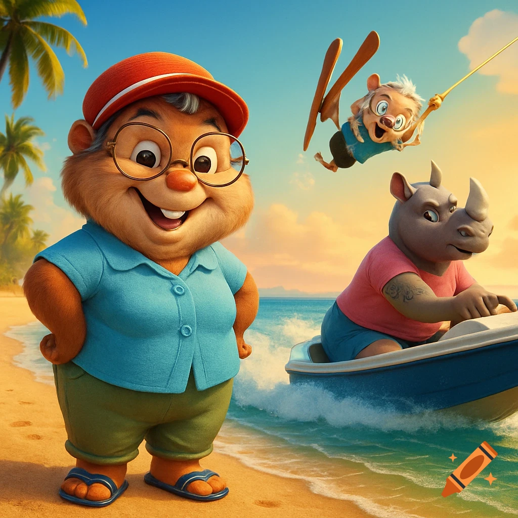 A smiling chipmunk on a tropical beach while a rhino drives a boat and another chipmunk water-skis. Pixar-like animation.