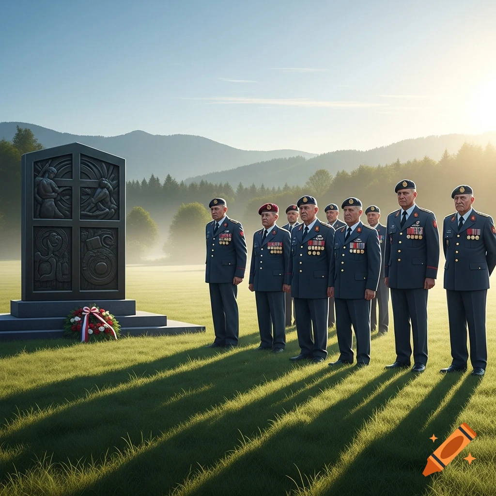 Men in military uniforms stand solemnly before a dark stone monument with a wreath on a grassy field, mountains in the background at sunrise.