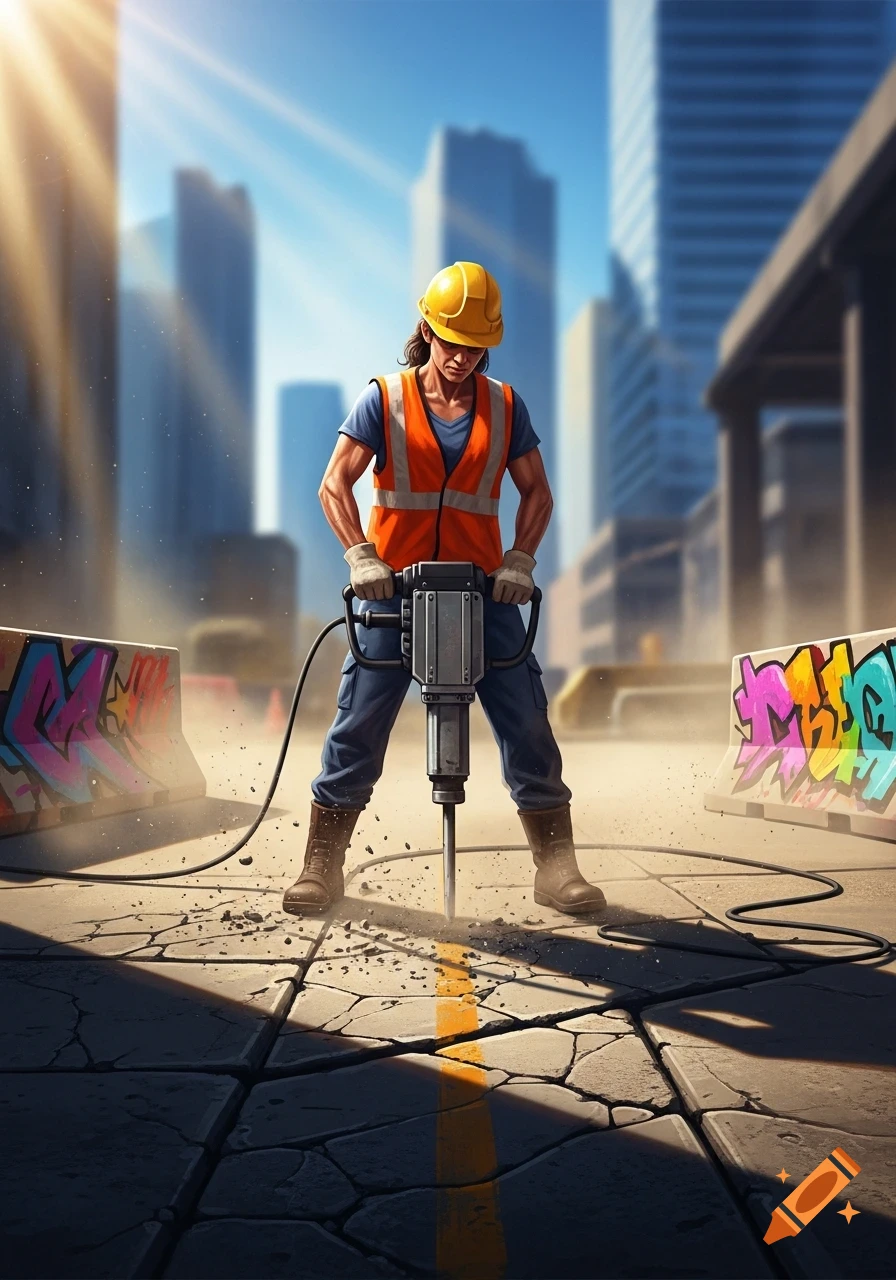 A construction worker in a hard hat and safety vest operates a jackhammer on a cracked city street.