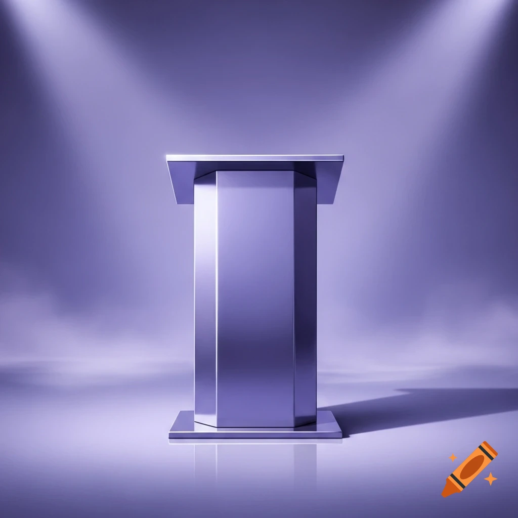 A shiny metallic podium stands centered on a reflective floor, bathed in spotlights against a lavender background.