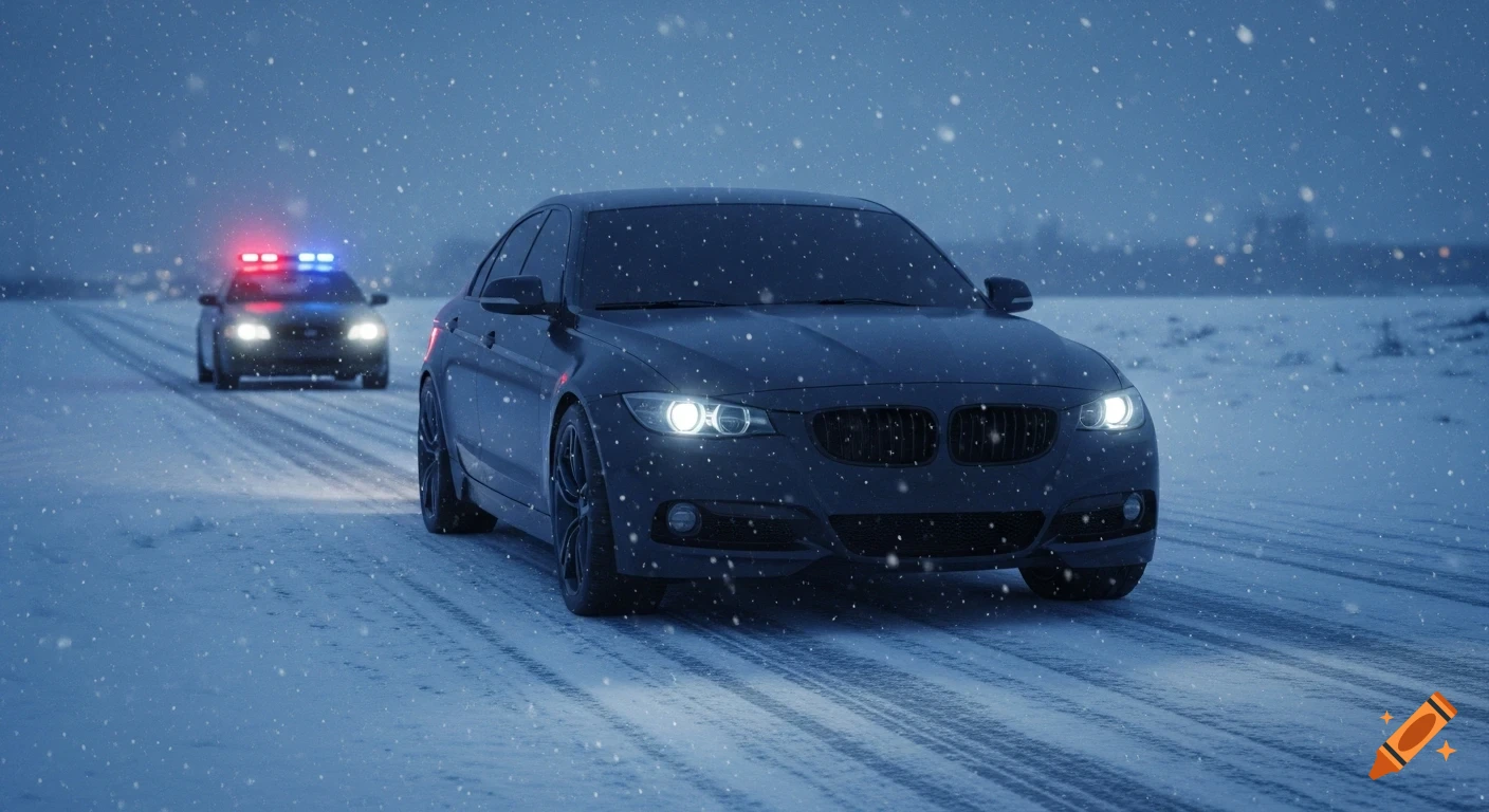 A dark sedan with headlights on sits on a snowy road at night, with a police car with flashing lights blurred in the background.
