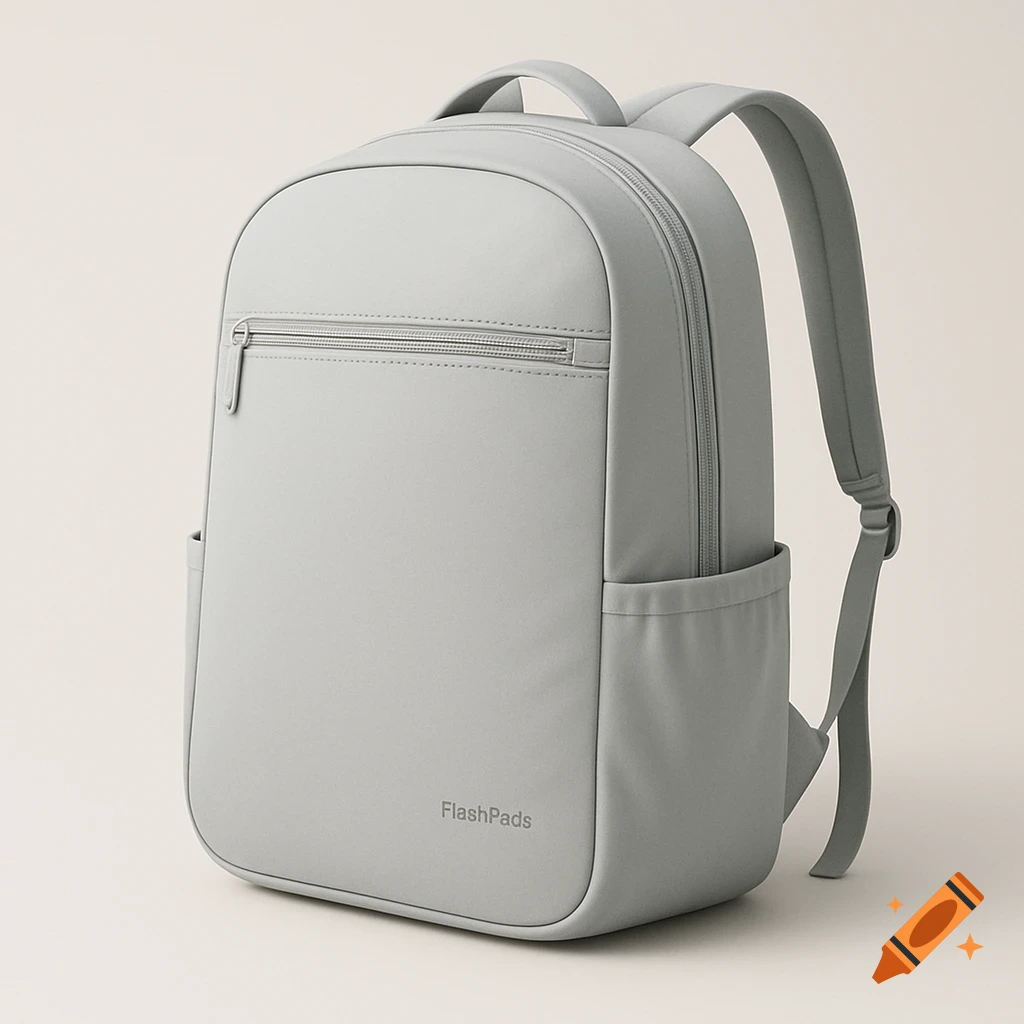 A light gray minimalist backpack with a front zipper pocket, side pockets, and the "FlashPads" logo on the lower front.
