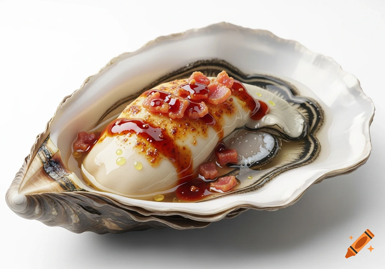 A gourmet oyster Kilpatrick dish in its shell, topped with a red sauce and small pieces of meat, on a white background.