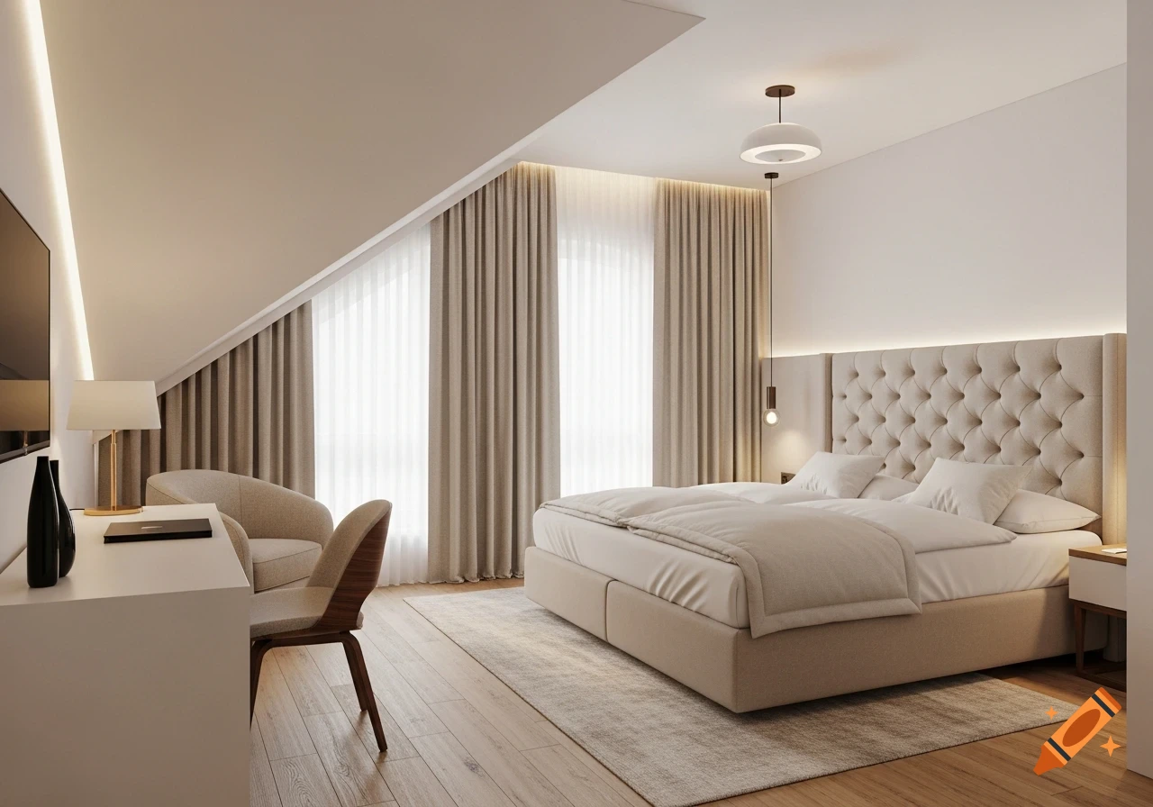 A modern, minimalist luxury hotel bedroom with a large beige tufted bed, white bedding, light wood floors, and warm ambient lighting.