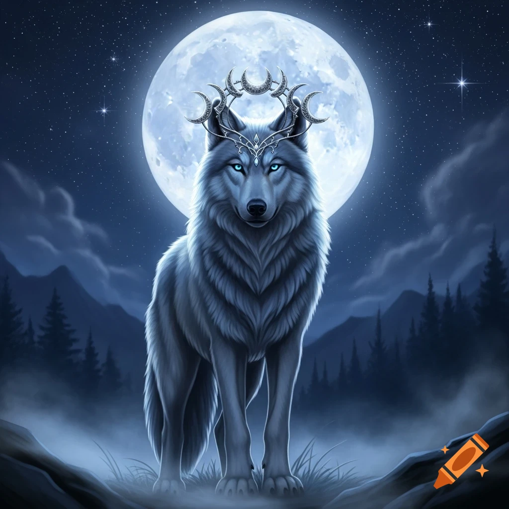A majestic wolf with blue eyes and a crown of crescent moons stands under a full moon in a starry night sky.