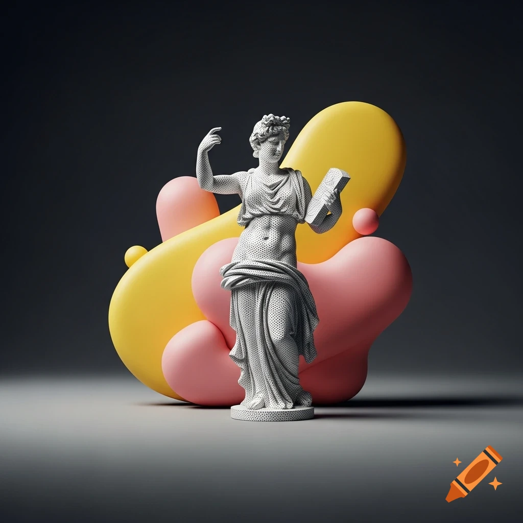 White dotwork classical statue holding a book, against smooth abstract yellow and pink shapes on a dark background.