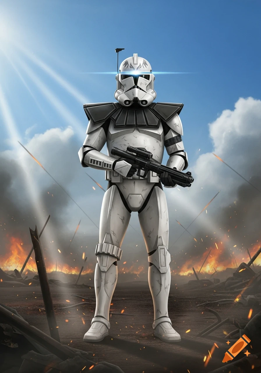 A detailed clone trooper stands with a rifle on a fiery, smoky battlefield under a blue sky.