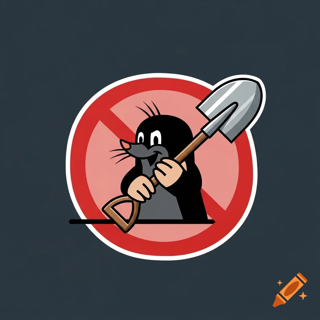 Cartoon character Little Mole with a shovel in a red prohibition sign on a dark gray background.