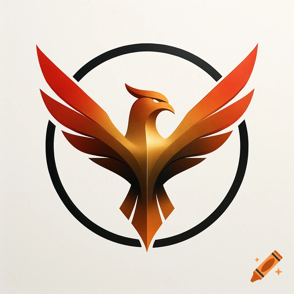 A stylized orange and red phoenix logo with outstretched wings, set against a white background inside a black circle.