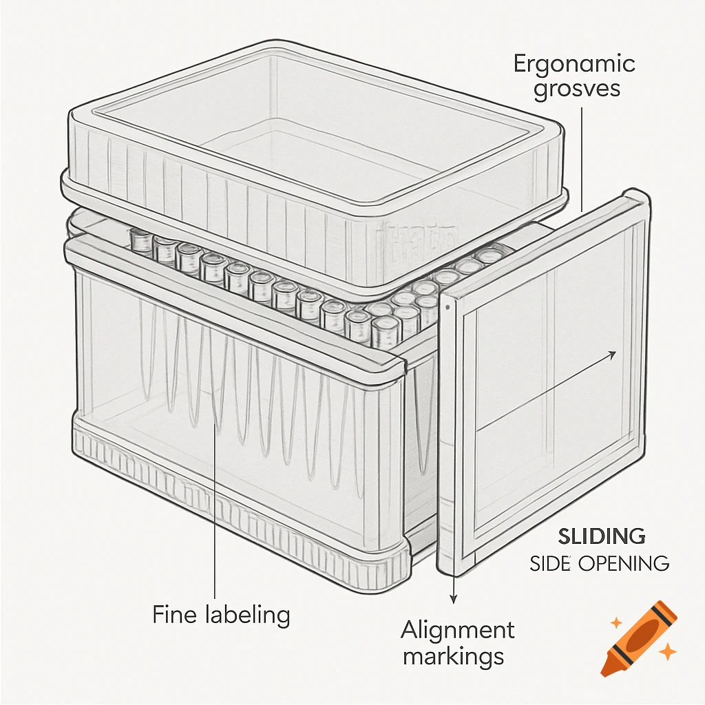 Technical line drawing of a transparent laboratory pipette tip box with a side sliding opening, labeled with features.