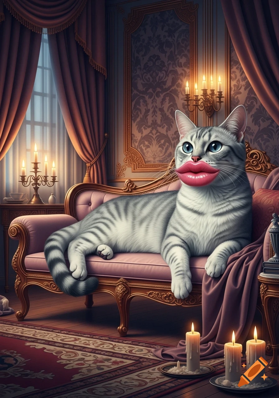 A gray tabby cat with large pink lips lounges on a pink velvet couch in an opulent baroque room illuminated by candles.