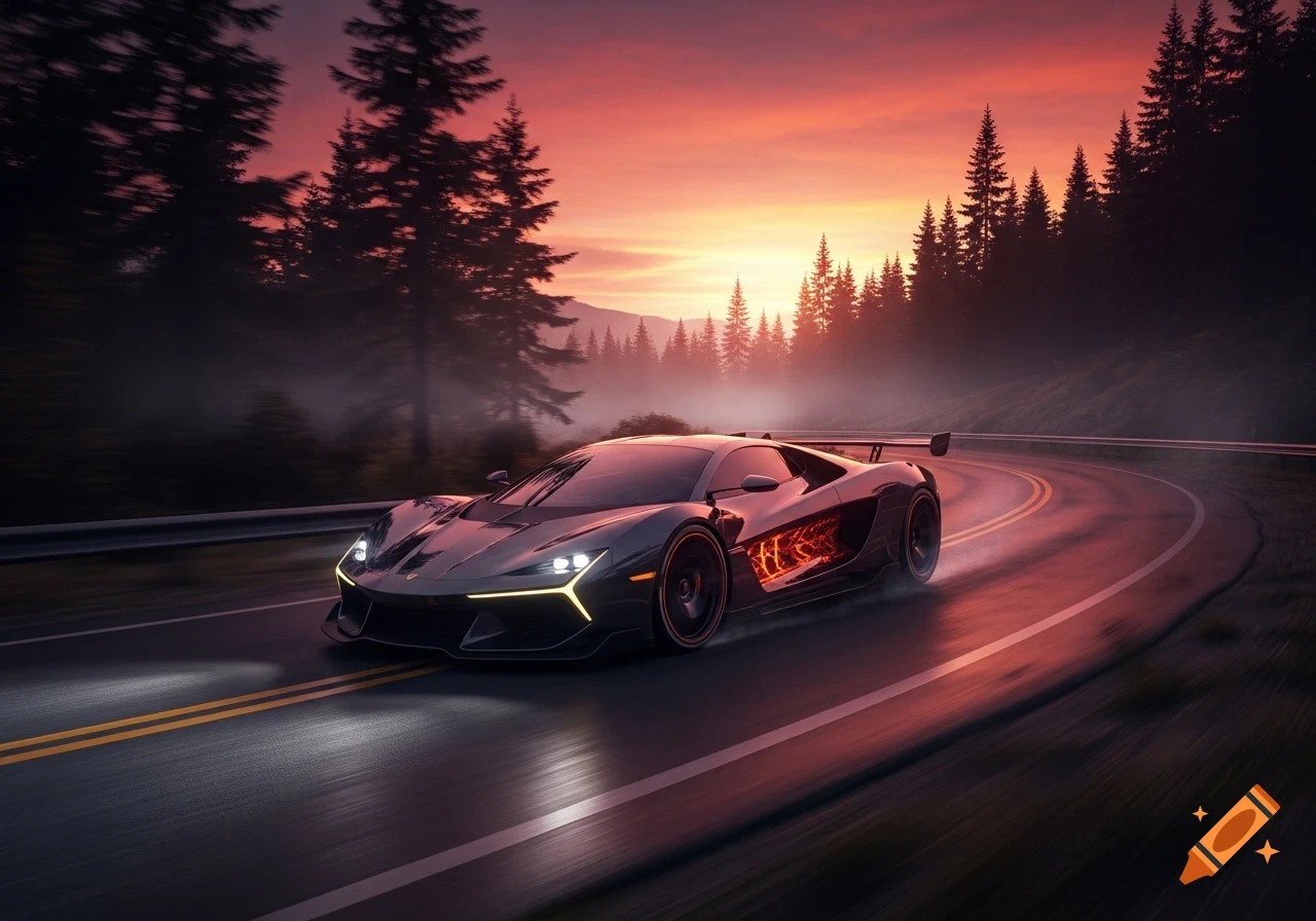 Sleek sports car with glowing yellow accents and a fiery side design speeds down a winding mountain road at sunset.