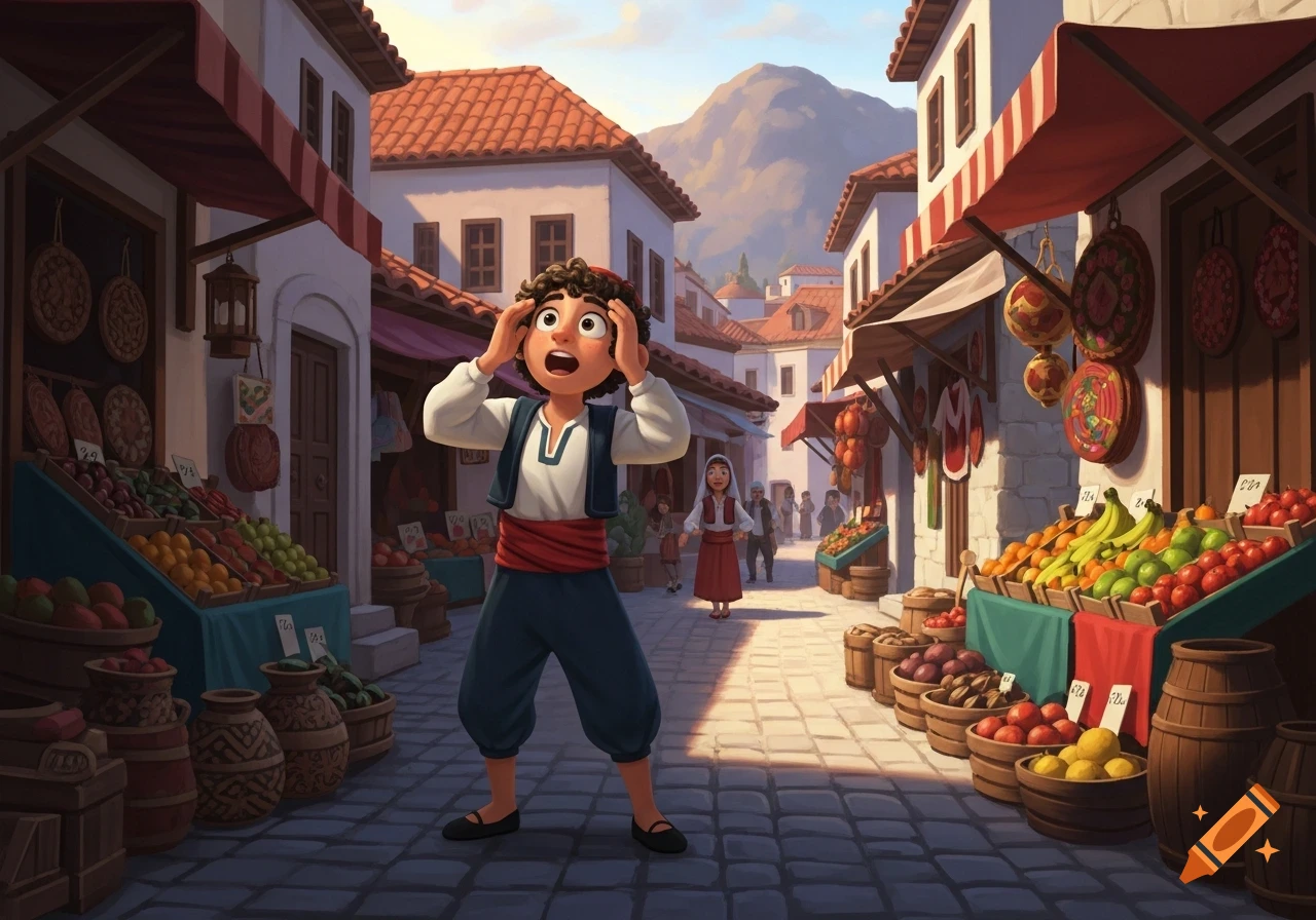 Cartoon boy in traditional clothes looking surprised in a bustling outdoor marketplace with fruit stalls and white buildings.