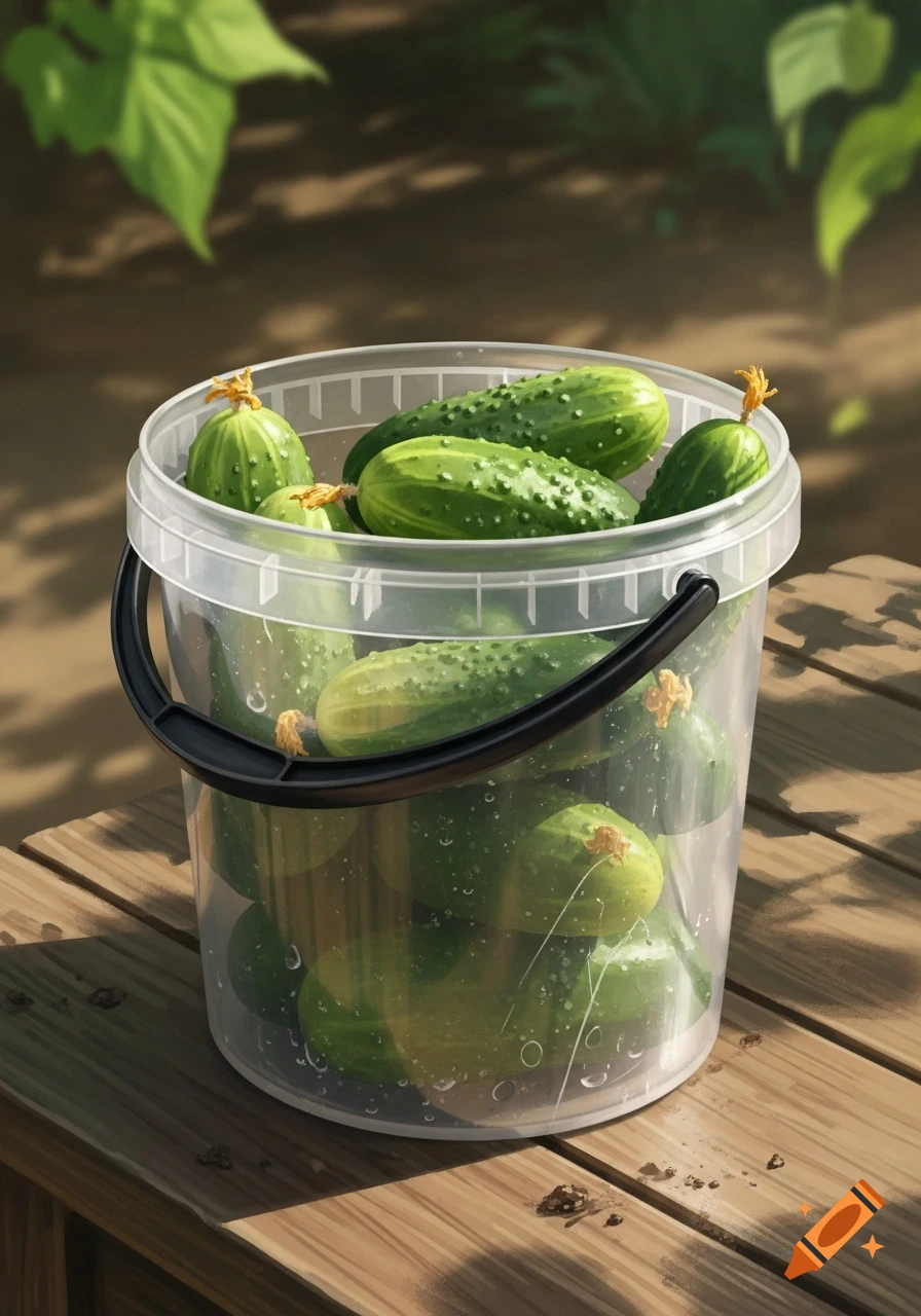 A transparent plastic bucket filled with fresh green cucumbers sits on a wooden surface in a sunny outdoor setting.