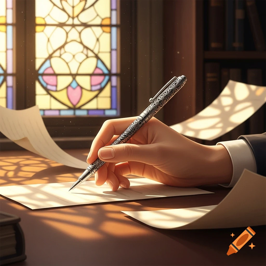 A hand in a suit jacket writes with an ornate silver pen on paper, illuminated by light from a stained glass window.