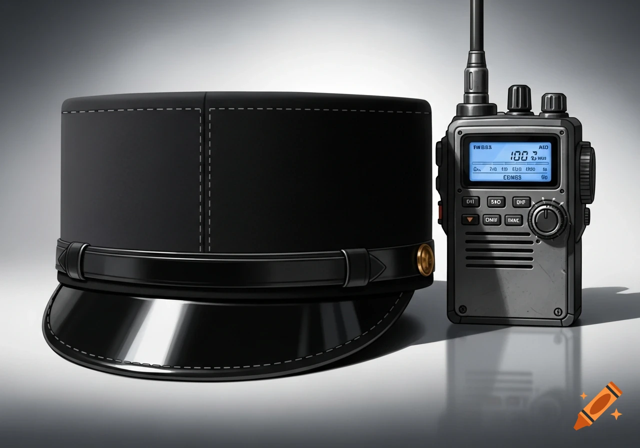 A black kepi cap with a shiny brim and a grey walkie-talkie with an antenna, displayed on a reflective surface.