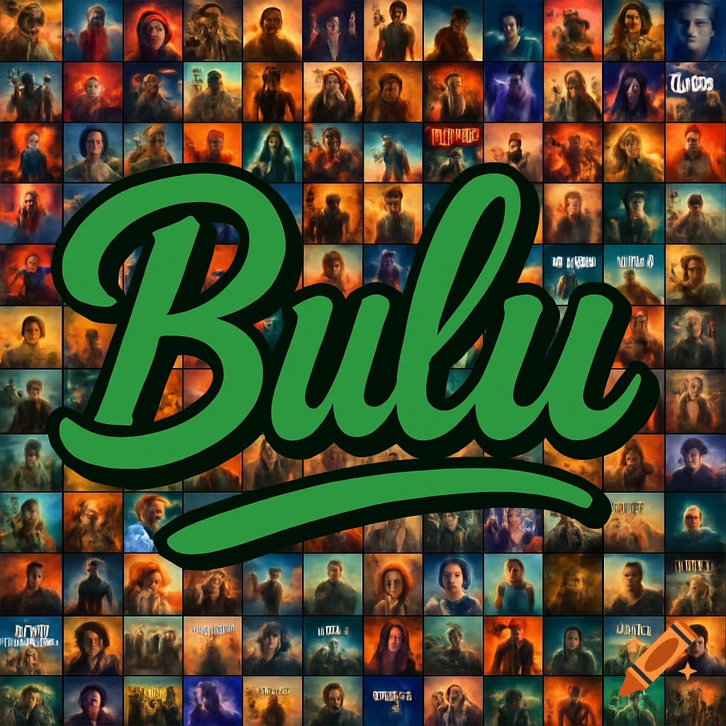 A large green cursive word 'Bulu' with a black outline dominates the center of the image, set against a mosaic grid of 16x16 small, stylized portraits with warm color palettes.