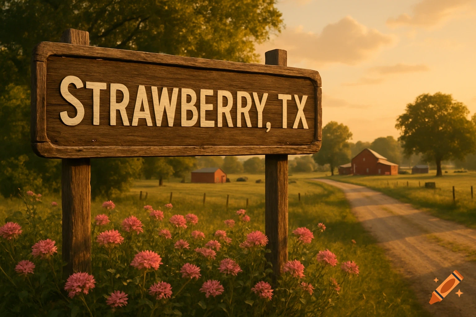 A wooden sign reads STRAWBERRY, TX, in a sunlit country landscape with a dirt road, red barns, and pink flowers.