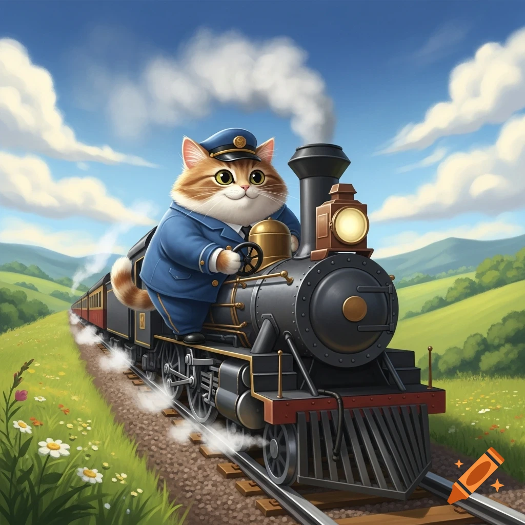 A chubby, orange and white cartoon cat in a blue conductor's uniform drives a black steam train through a green, hilly countryside.