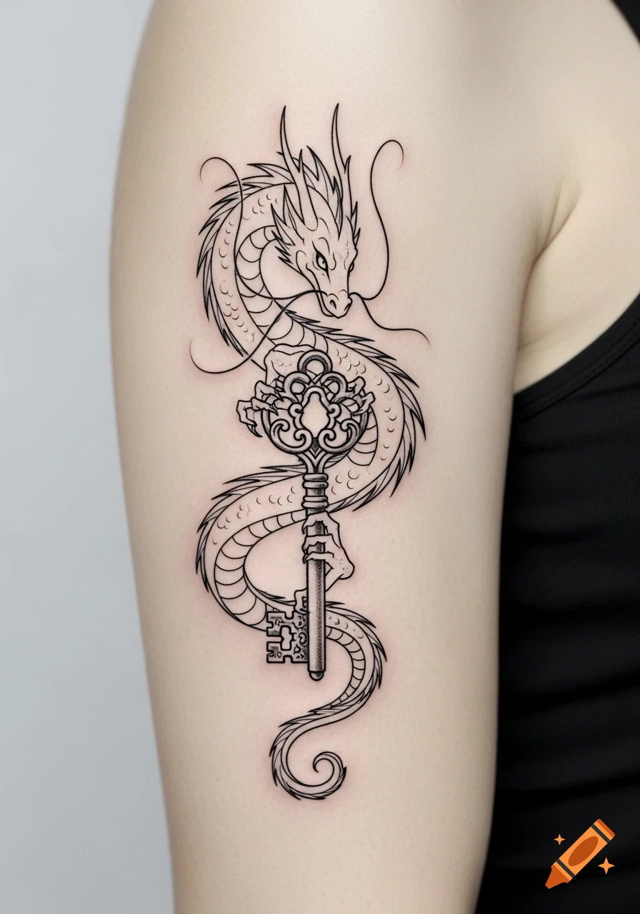 A black and white line art tattoo of a coiled dragon holding an ornate key on a person's upper arm.