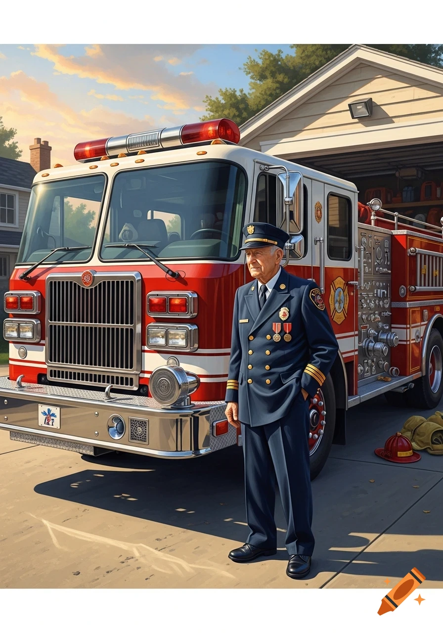 An elderly firefighter in a navy uniform with medals stands in front of a red and white fire truck with its garage open behind it.
