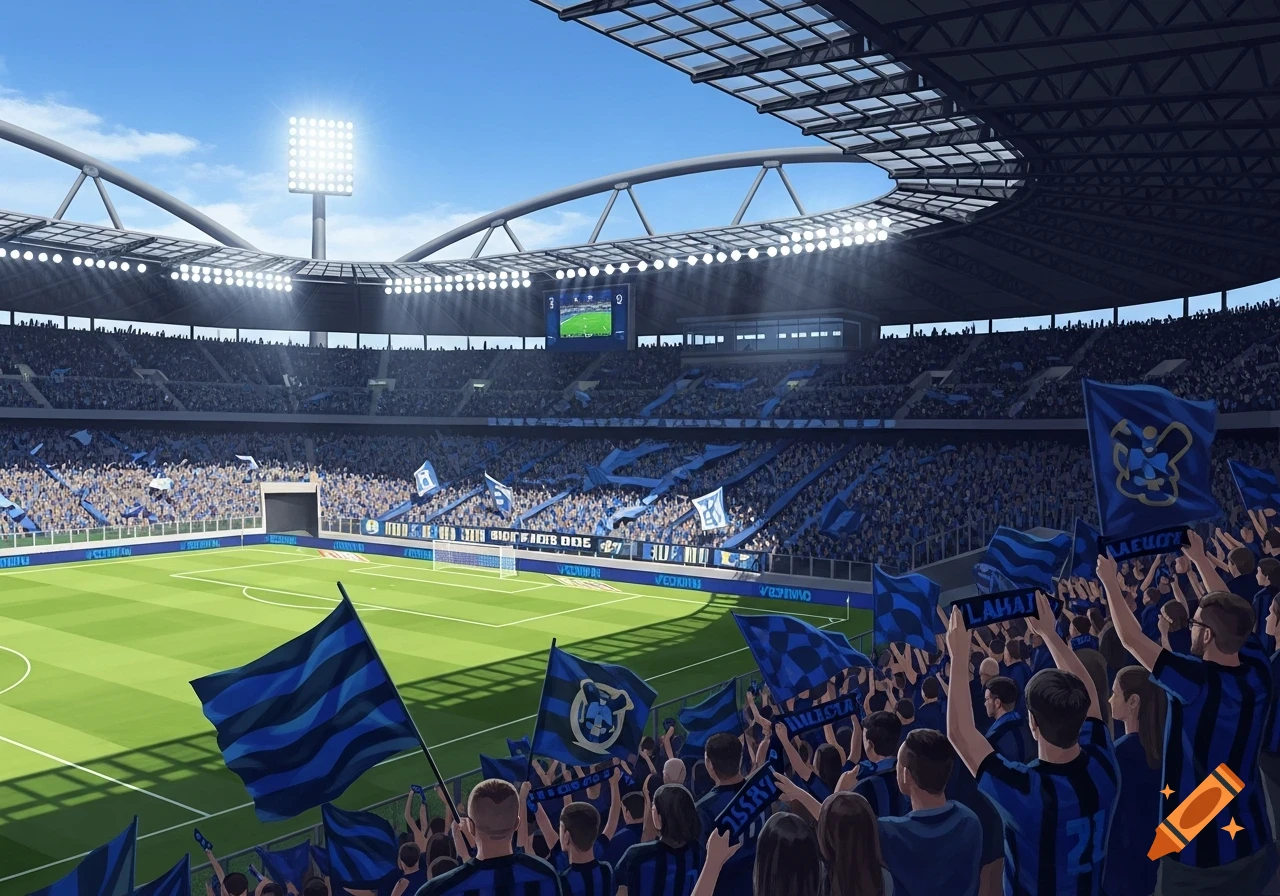An animated illustration of a packed soccer stadium with fans in blue and black shirts holding flags, a scoreboard, and bright lights under a blue sky.