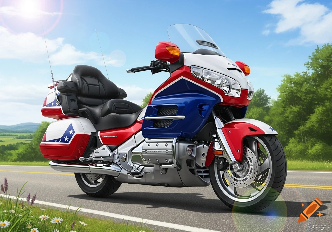 A red, white, and blue Honda Goldwing motorcycle with stars, parked on a road against a green landscape and blue sky.