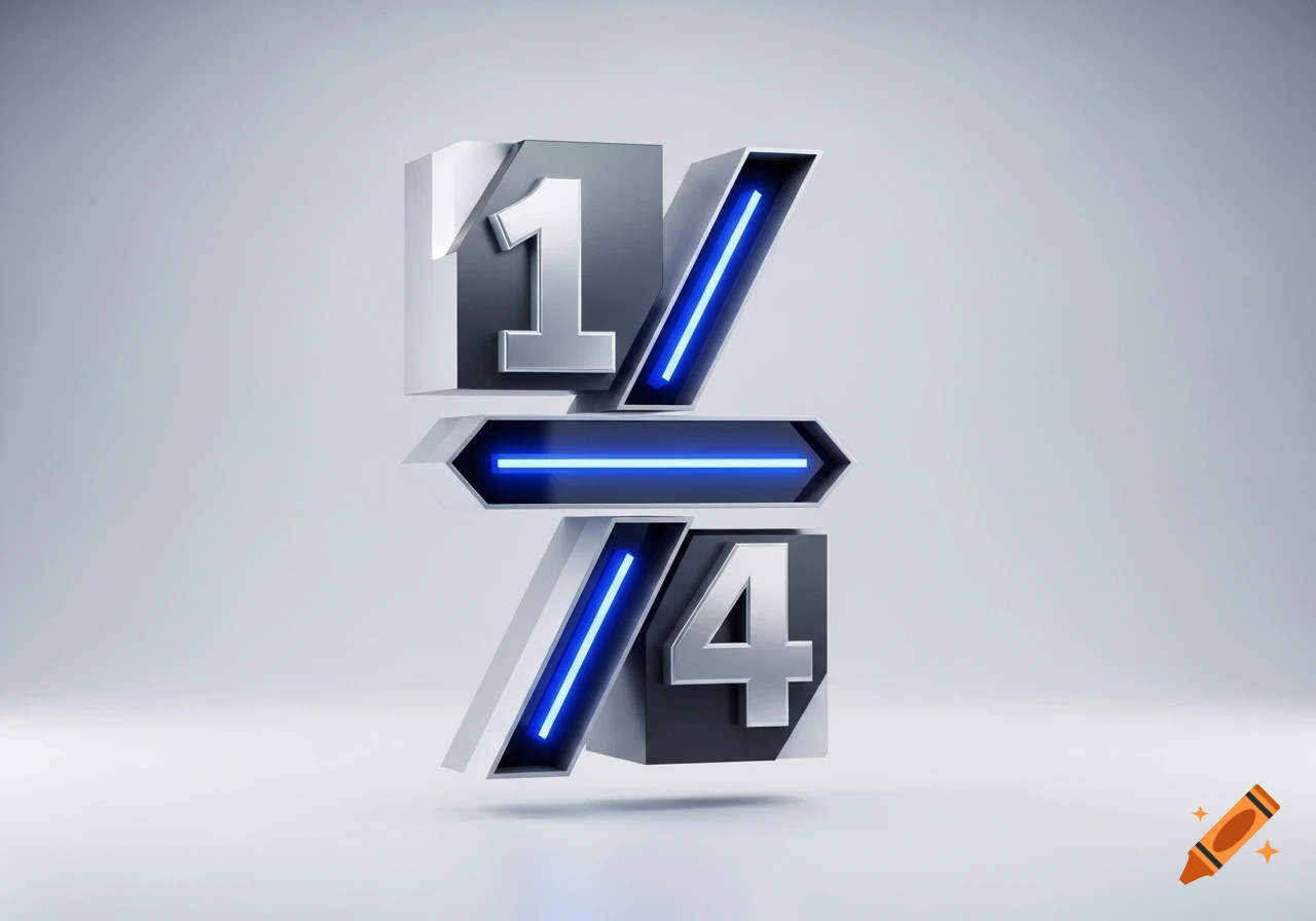 A stylized 3D metallic and neon fraction 1/4 block, with silver numbers and glowing blue accents, against a light gray background.
