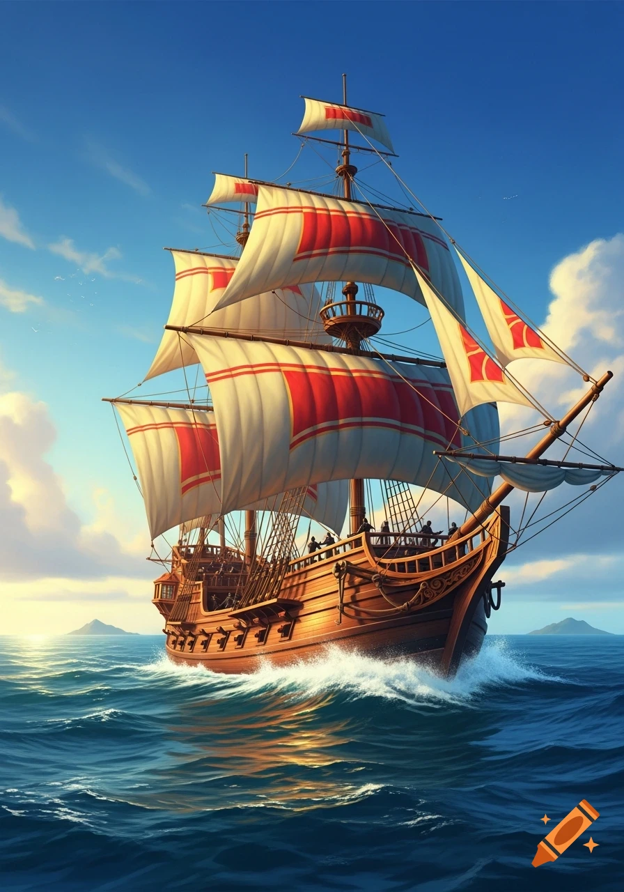 A stylized illustration of a wooden caravel with red-striped sails sailing on deep blue, choppy waves under a bright blue sky.