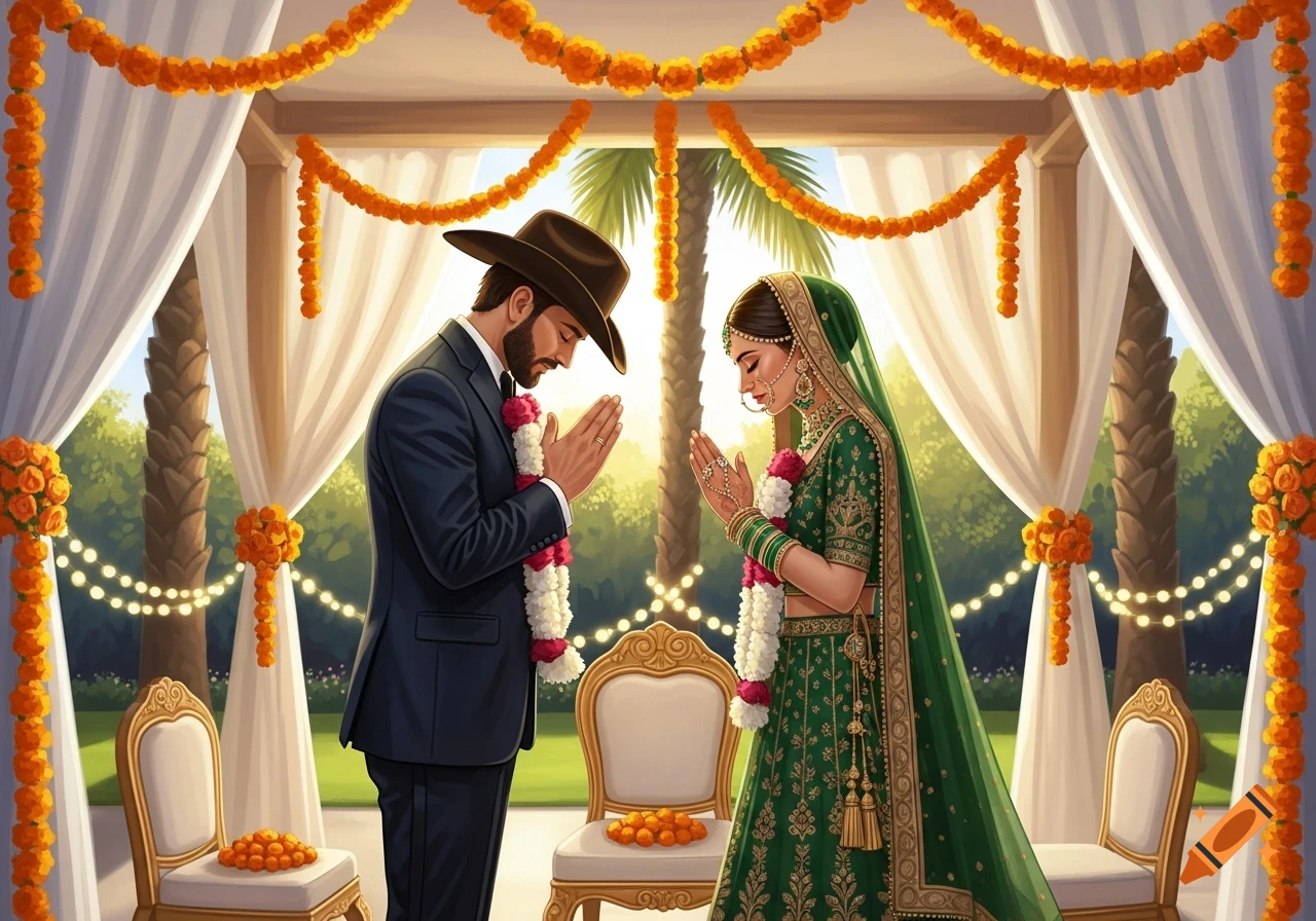 A man in a suit and cowboy hat and a woman in a green traditional dress perform dua at an outdoor wedding with marigold garlands.