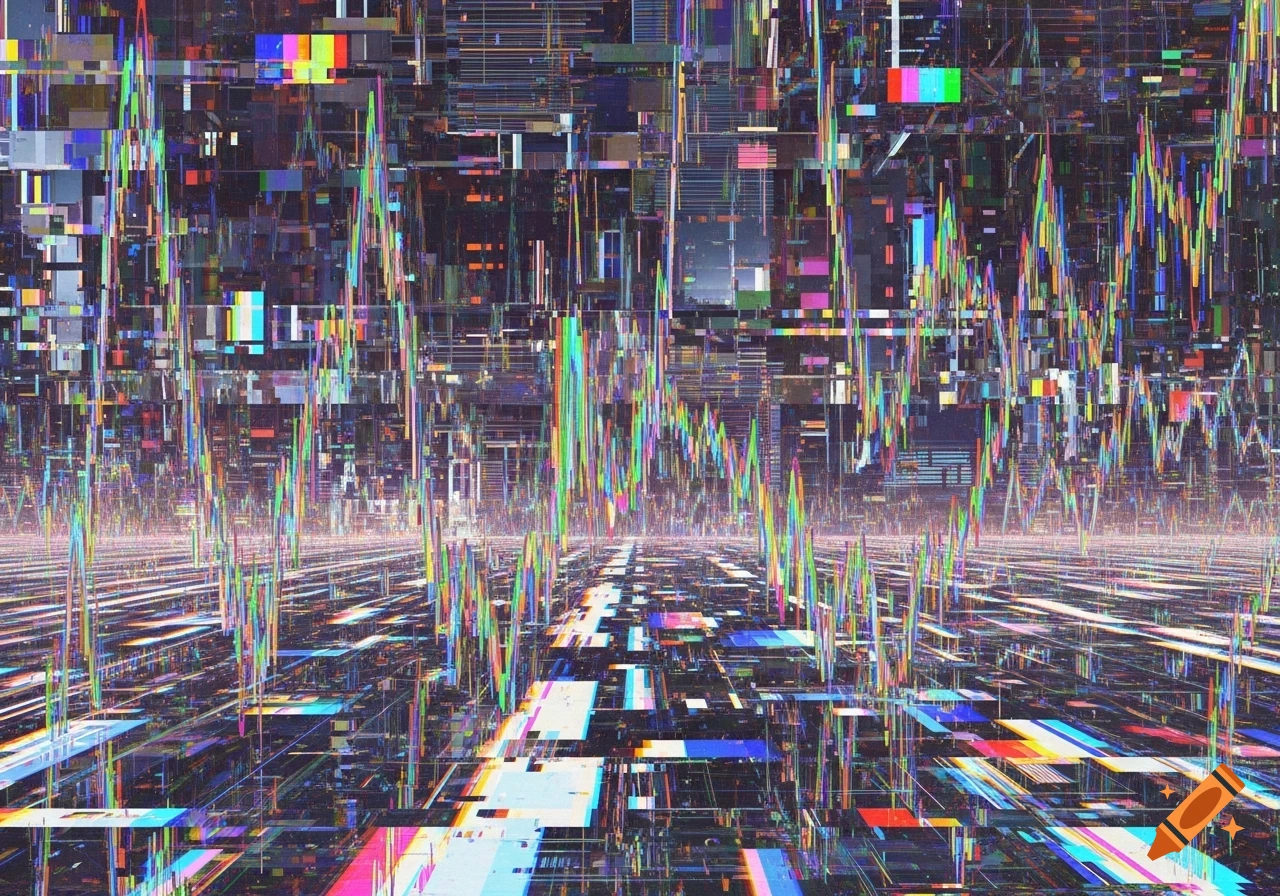 Abstract digital art displaying a colorful glitch effect with pixelated lines and wave patterns, resembling a distorted data stream.
