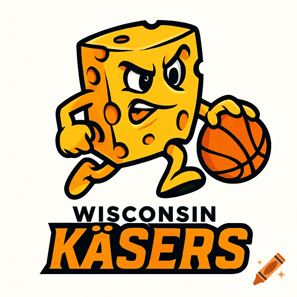 A cartoon cheese block mascot dribbling a basketball, with "WISCONSIN KÄSERS" text below in a logo style.